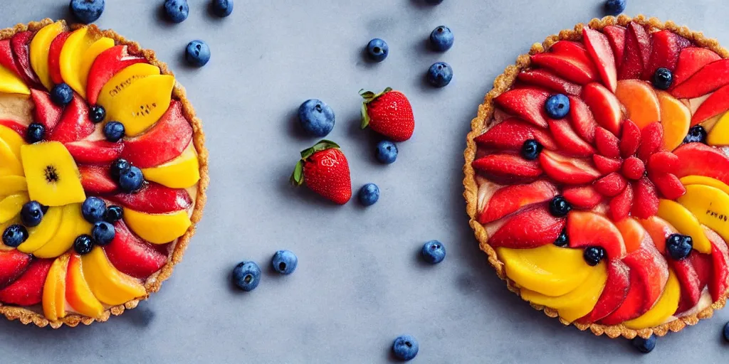 Prompt: delicious fruit tart full of needles sticking out