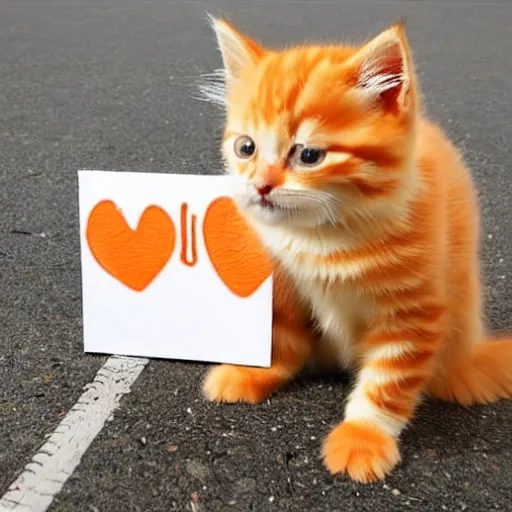 Image similar to cute fluffy orange tabby kitten with a sign that says