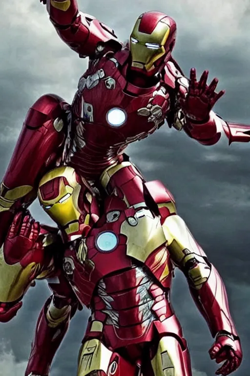 Image similar to full shot photograph of jesus christ being carried by iron man on doomsday, photorealistic, cinematic lighting, extremely detailed, marvel cinematic universe