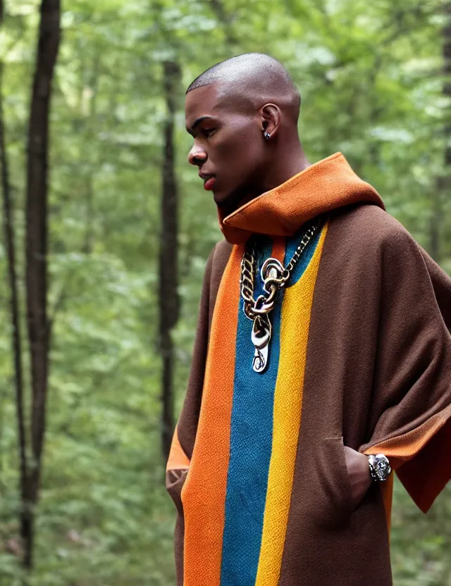 Image similar to longshot full modern detailed colorful cool handsewn textile cloak huge sleeves hispanic brown skin shaved head nature creek river stream in the woods marc jacobs gucci comfortable airy chains necklace