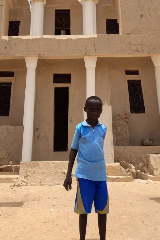 Prompt: nigerian boy in front of a mansion in egypt