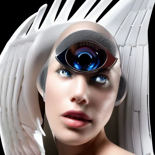 Image similar to UHD candid photo of a robotic Angel, UHD, photorealistic, real wings, correct robot face, photo by Annie Leibowitz