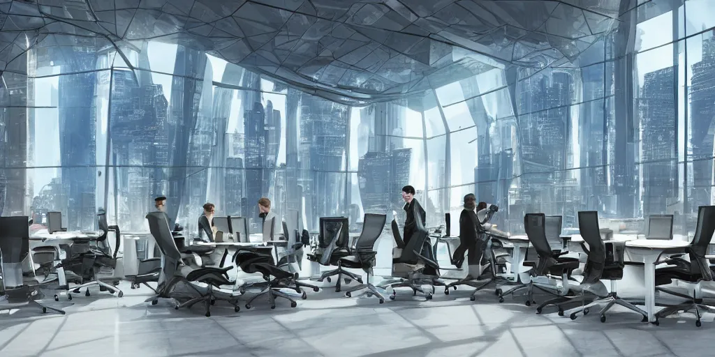 Prompt: a solarpunk office with levitating chairs, windows of a futuristic city in the background hyper - realistic digital art