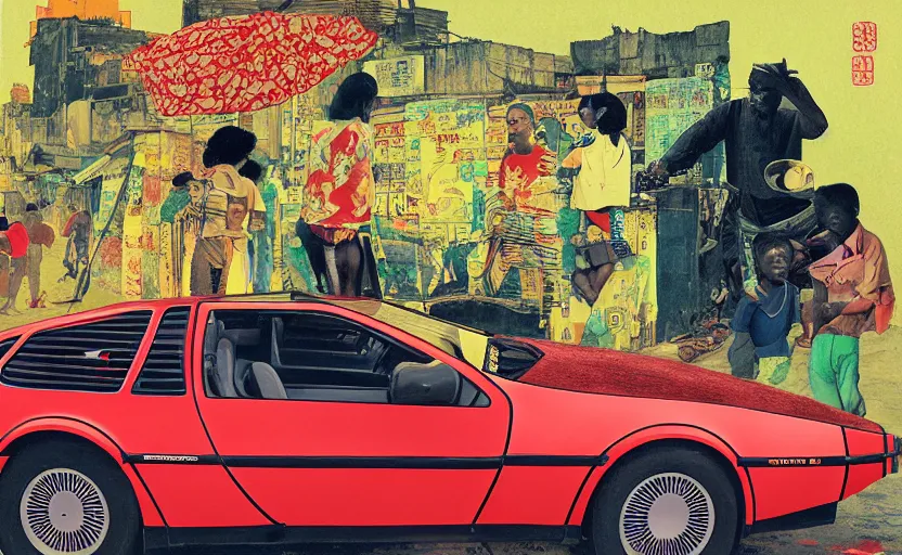 Image similar to a red delorean and a yellow tiger in ajegunle slum of lagos - nigeria, painting by hsiao - ron cheng, utagawa kunisada & salvador dali, magazine collage style,