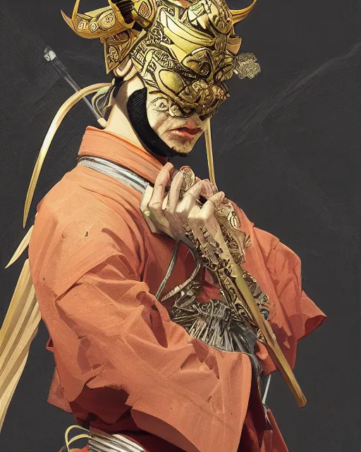 Prompt: samurai with demon mask, dark fantasy, intricate, elegant, highly detailed, digital painting, artstation, concept art, smooth, sharp focus, illustration, artstation, cgsociety, art by artgerm and greg rutkowski and alphonse mucha