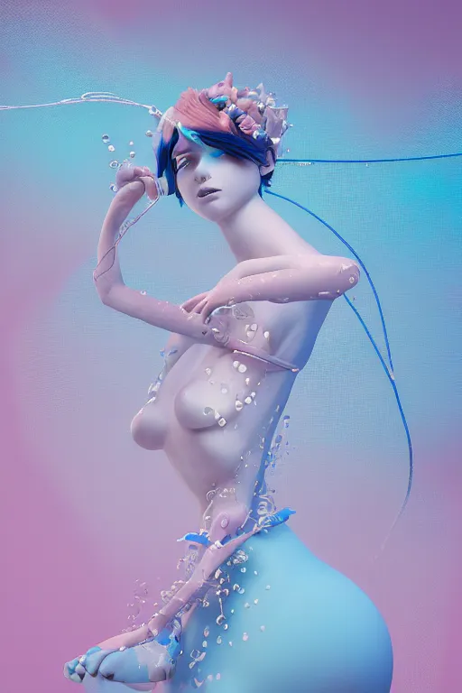 Prompt: an epic non - binary model, subject made of white mesh rope, with cerulean and pastel pink bubbles bursting out, delicate, beautiful, intricate, liquid background, melting into sylveon, houdini sidefx, by jeremy mann and ilya kuvshinov, jamie hewlett and ayami kojima, trending on artstation, bold 3 d
