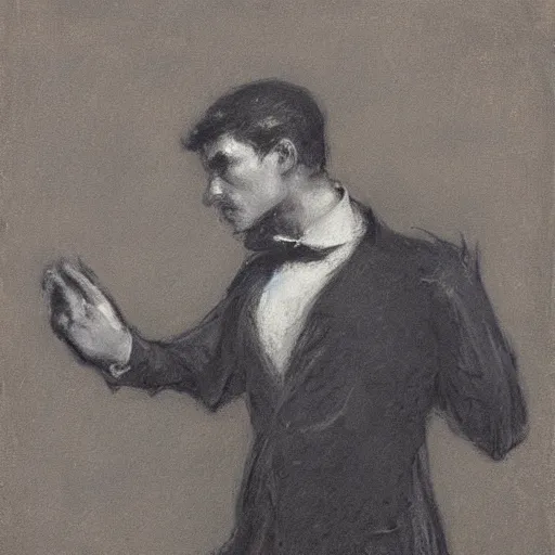 Image similar to portrait of an action hero mage in suit and tie, raising his hand, channeling magic, by alfred stevens in charcoal