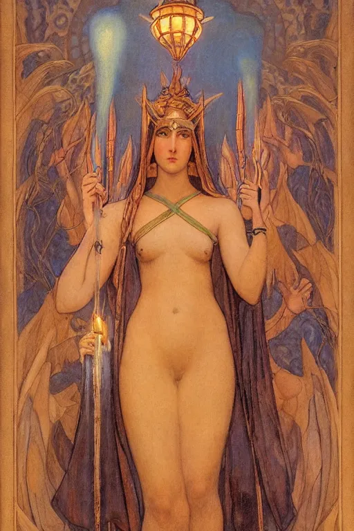 Prompt: goddess of the new city with her lantern, by Annie Swynnerton and Nicholas Roerich and jean delville, dramatic cinematic lighting , ornate headdress , flowing robes, lost civilizations, extremely detailed