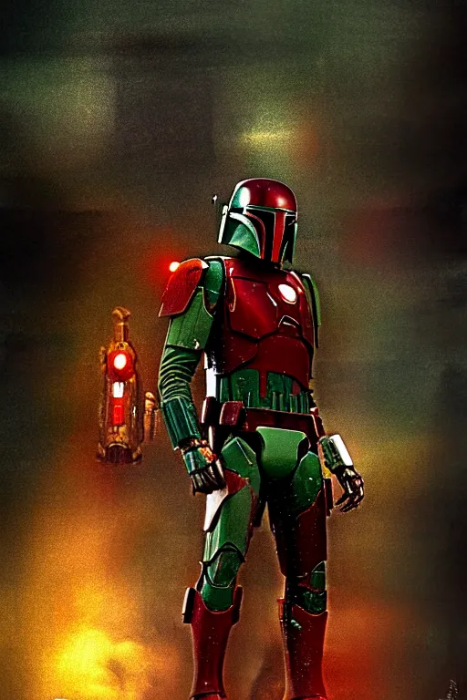 Prompt: boba fett x iron man, digital art, movie still from blade runner,