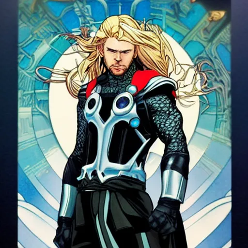 Image similar to thor perfect coloring, low saturation, epic composition, masterpiece, bold complimentary colors. stunning masterfully illustrated by artgerm, range murata, alphonse mucha, katsuhiro otomo