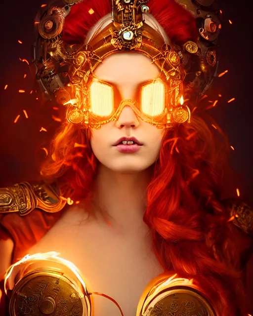 Image similar to a beautiful image of a young woman, steampunk Chandra queen of fire, big googles over her head, long flowing hair glowing with fire, steampunk costume mostly red and gold young female face, cinematic top lighting, insanely detailed and intricate, face by wlop, Charlie Bowater, golden ratio, symmetric, elegant, ornate, luxury, elite, matte painting, cinematic, trending on artstation, deviantart and cgsociety, 8k, high resolution