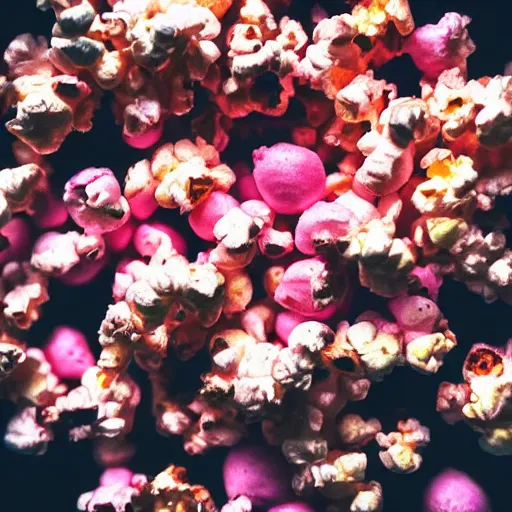 Image similar to close up high resolution photo of pink popcorn, very tasty, food photography, instagram, trending