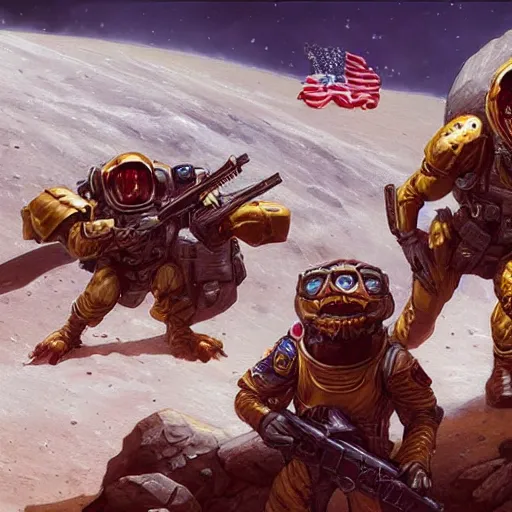 Prompt: American Marines fighting Vex goblins on the moon, Destiny, highly detailed, digital painting, artstation, concept art, sharp focus, illustration, art by artgerm and greg rutkowski and magali villeneuve, red white and gold color scheme