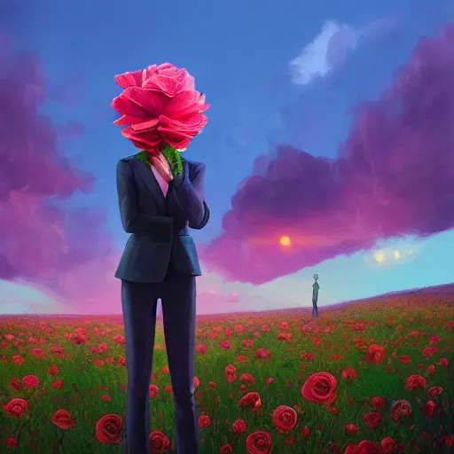 Image similar to closeup, giant rose flower head, frontal, girl in a suit, surreal photography, sunrise, blue sky, dramatic light, impressionist painting, digital painting, artstation, simon stalenhag