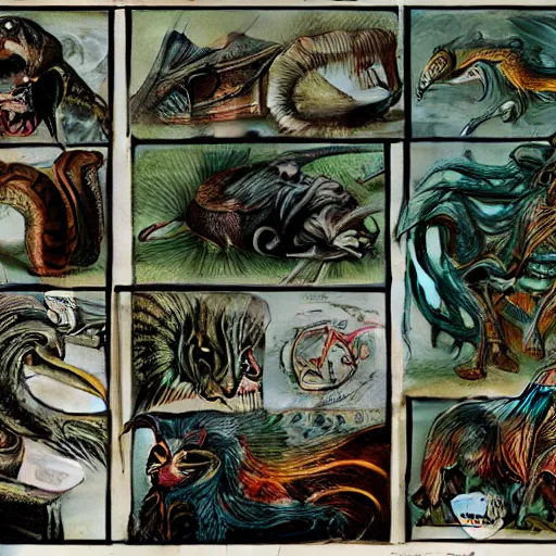 Image similar to bestiary of creatures from the depths of the unconscious psyche