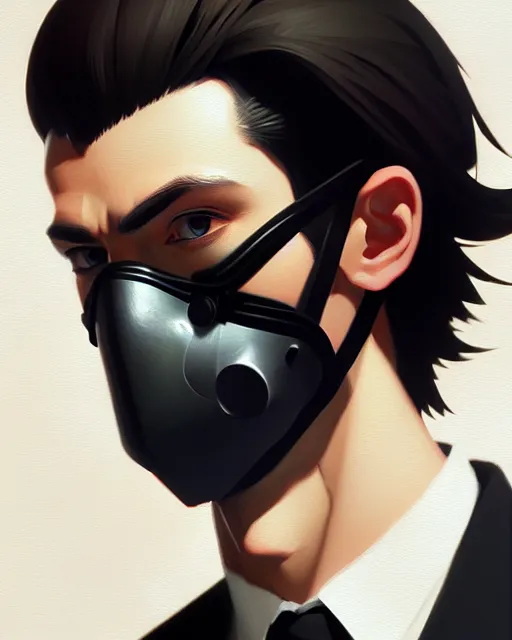 Prompt: a ultradetailed beautiful panting of a european man wearing black medical mask, by ilya kuvshinov, greg rutkowski and makoto shinkai, trending on artstation