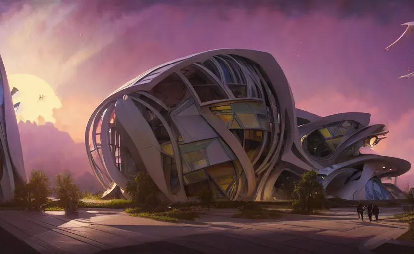 Image similar to exterior shot of utopian architecture school with cinematic lighting by zaha hadid and renzo piano, darek zabrocki and greg ruthkowski, alphonse mucha, simon stalenhag, cinematic, paradise, scifi, futurism, atmospheric, sunset, concept art, artstation, trending on artstation