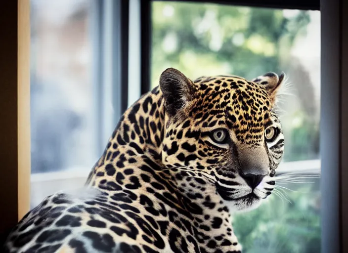 Prompt: photography of a Jaguar Cat . watching outside the window. on a bed. in a 70's room full of vinyls and posters, photorealistic, award winning photo, 100mm, sharp, high res