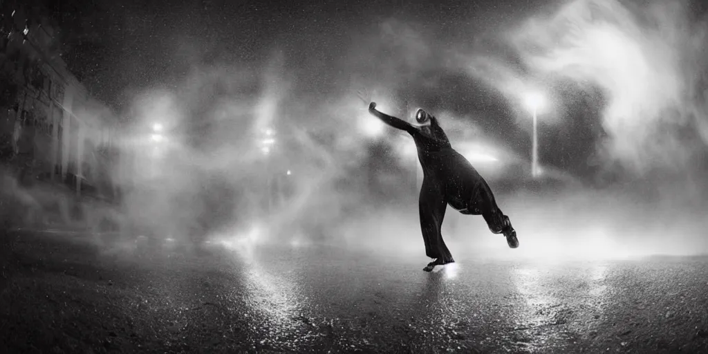 Image similar to fisheye lens slow motion with trail effect of futuristic break dancer wearing floating long dress, long exposure shot , at night in the middle of a rainy street, paddle of water, steam, fog, water splashes, rim lights, glossy reflections, water droplets on lens, octane render, dark and dramatic, explosion in the background, detailed and soft, fisheye lens, smooth, sharp focus, illustration, art by artgerm and greg rutkowski