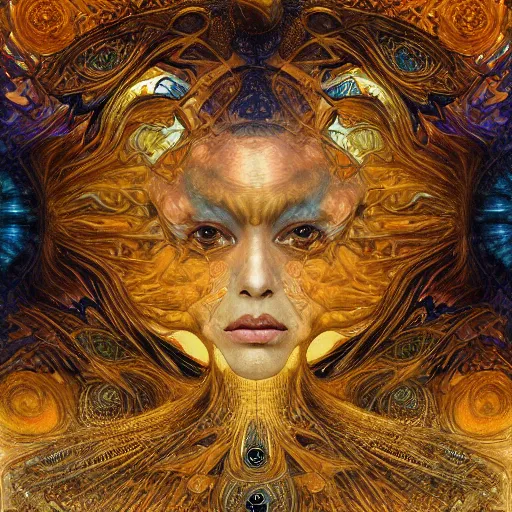 Image similar to Divine Chaos Engine portrait by Karol Bak, Jean Deville, Gustav Klimt, and Vincent Van Gogh, celestial, sacred geometry, visionary, mystic, fractal structures, ornate realistic gilded medieval icon, spirals