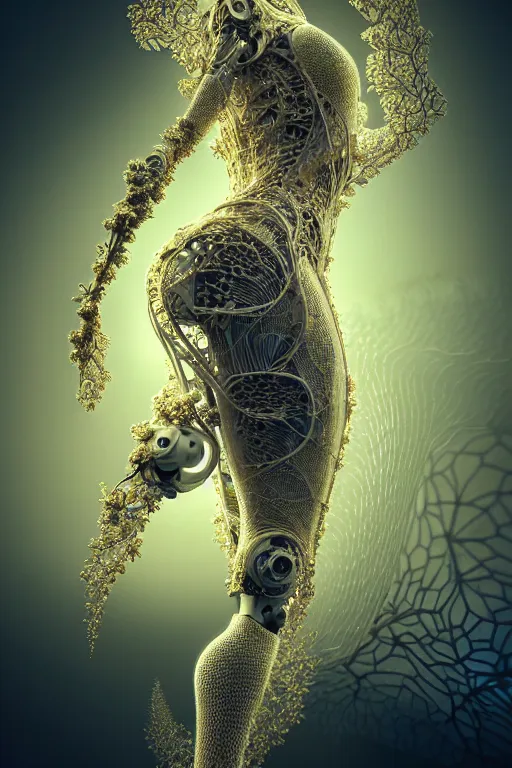 Image similar to intricate hyper detailed ultra sharp 3 d render, unity of mood, biomechanical cyborg ladies dancing, atmospheric, foliage, fractal, flowing, white large pore fungi, cyberpunk art nouveau, haute couture alexander mcqueen leaves stems dahlia blooming transparent fractal filigree roots, intricate details, octane render, volumetric cinematic lighting, natural beautiful light, yellow infrared, lumiol, 8 k,