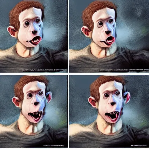 Prompt: concept art by a meme artist mark zuckerberg head of facebook with a mouth full of chimpanzee monkey teeth