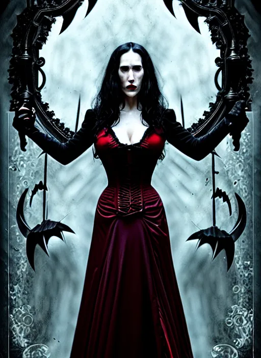 Prompt: jennifer connelly vampire queen, sharp fangs, blood, full body, intricate victorian dress, digital art, middle shot, cinematic lighting, studio quality, symmetrical eyes, artgerm, joshua middleton, rafael albuquerque, moody lighting, candles, art style by klimt, nixeu and ian sprigger and wlop and krenz cushart