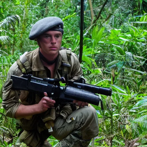 Image similar to elisha cutbert as a commando in a jungle battlefield