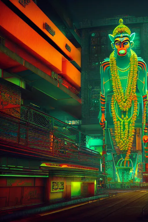 Image similar to high quality 3 d render hyperrealistic cyberpunk hanuman head building, neon yellow madhubani, highly detailed, in sci - fi mumbai, unreal engine cinematic smooth, liam wong, moody light, low angle, uhd 8 k, sharp focus