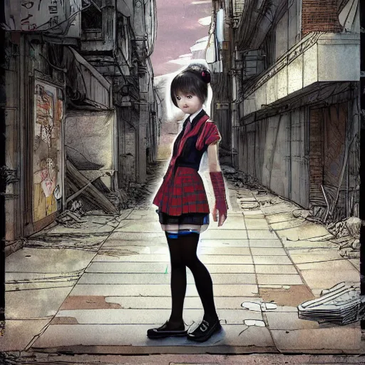 Prompt: a perfect, realistic professional digital sketch of a Japanese schoolgirl posing in a postapocalyptic alleyway, style of Marvel, full length, by pen and watercolor, by a professional American senior artist on ArtStation, a high-quality hollywood-style sketch, on high-quality paper