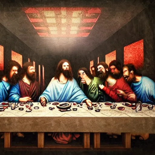 Image similar to the last supper, cyberpunk style, realistic