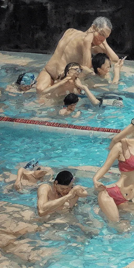 Image similar to oil painting scene from swimming pool by kim jung gi