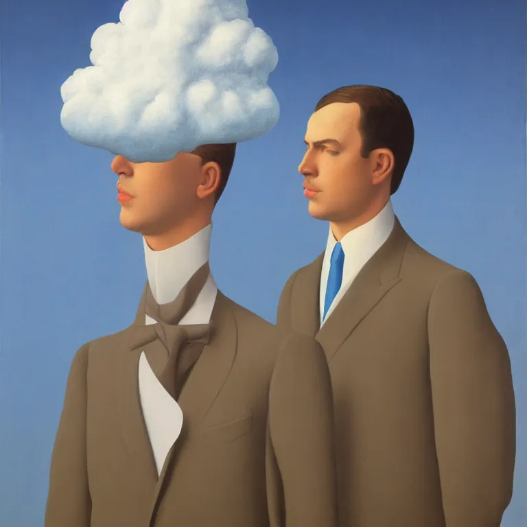 Prompt: portrait of a man in a suit, his head is a cloud, by rene magritte, detailed painting, hd, hq, high resolution, high detail, 4 k, 8 k