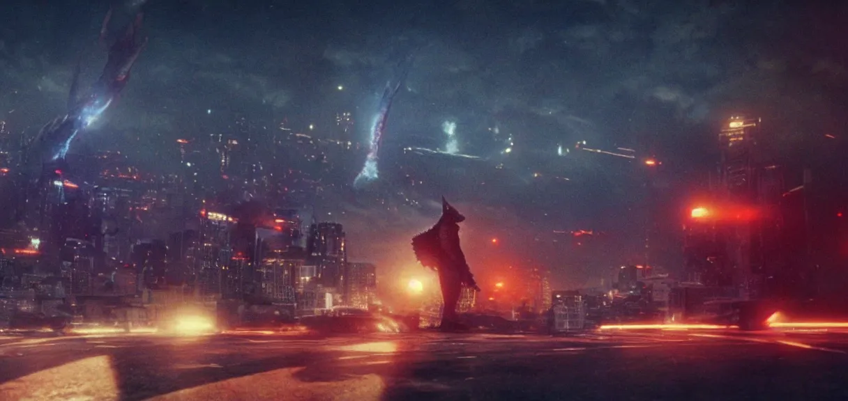 Image similar to The wide shot of Godzilla playing on guitar while aliens destructs the night city, UFO on the horizon line, by Lubezki, Christopher Doyle and David Lynch, anamorphic 35 mm lens, cinematic, anamorphic lens flares 4k