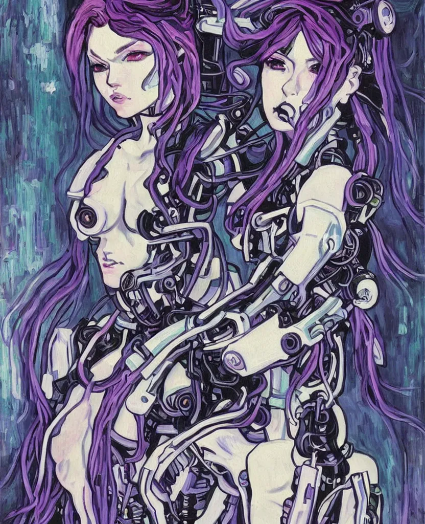 Prompt: A beautiful painting of a cyberpunk anime girl with purple hair and an a huge robot arm sensual stare, augmentations and cybernetic enhancements neon circuits, Painted by Vincent Van Gogh 8k highly detailed ❤️‍🔥 🔥 💀 🤖 🚀