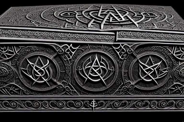 Image similar to an ancient ornate intricate old spell satanic coffin with the sigil symbol of evil emblazoned on the cover, cinematic, realistic, intricate detail, finely detailed, small details, extra detail, photorealistic, high resolution, 3 d, pbr, path tracing, volumetric lighting, octane render, arnold render, 8 k