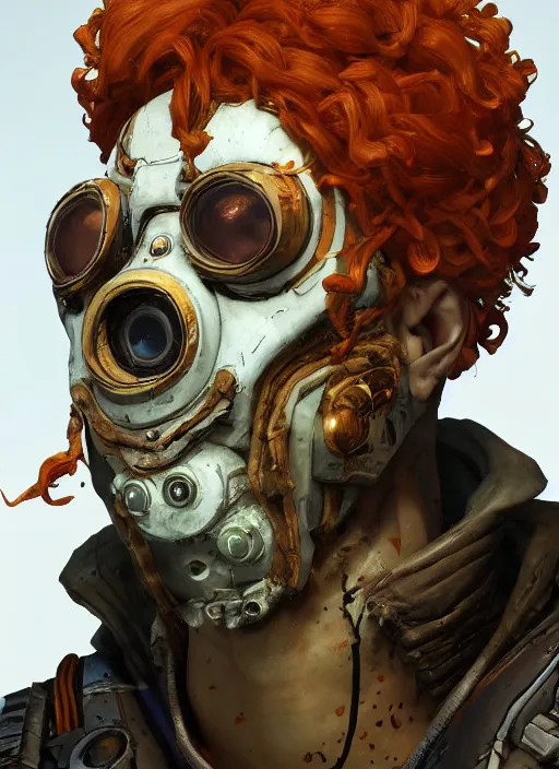 Image similar to lunarpunk portrait of curly orange hair man from borderlands 3, au naturel, hyper detailed, digital art, trending in artstation, cinematic lighting, studio quality, smooth render, unreal engine 5 rendered, octane rendered, art style by klimt and nixeu and ian sprigger and wlop and krenz cushart.