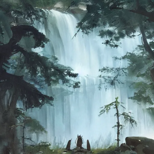 Prompt: Samurai resting in front of a waterfall inside a forest, oil painting, by Greg Rutkowski