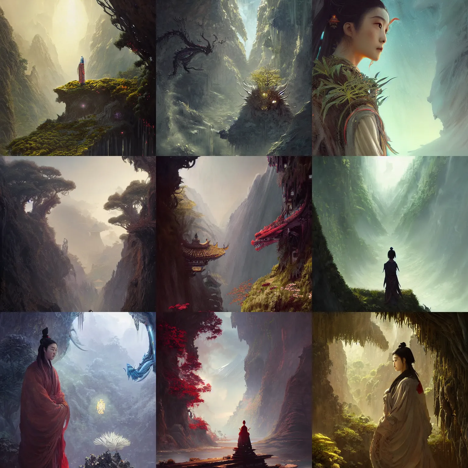 Prompt: by greg rutkowski, painting of an xianxia looking into distance, beautiful sophisticated intricate background, godray on plants, fantasy digital art, fantasy style art, zhang yimou, lung dragon, dramatic lighting, 4 k, concept art