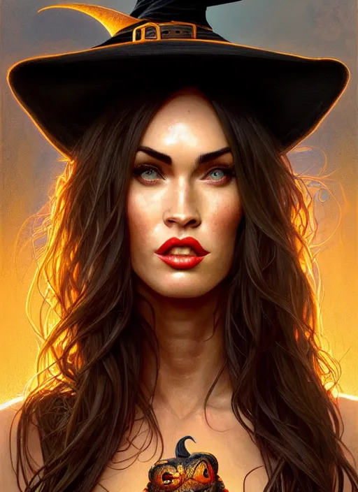 Prompt: portrait of megan fox as witch, hat, toad, pumpkin, halloween, intricate, headshot, highly detailed, digital painting, artstation, concept art, sharp focus, cinematic lighting, illustration, art by artgerm and greg rutkowski, alphonse mucha, cgsociety