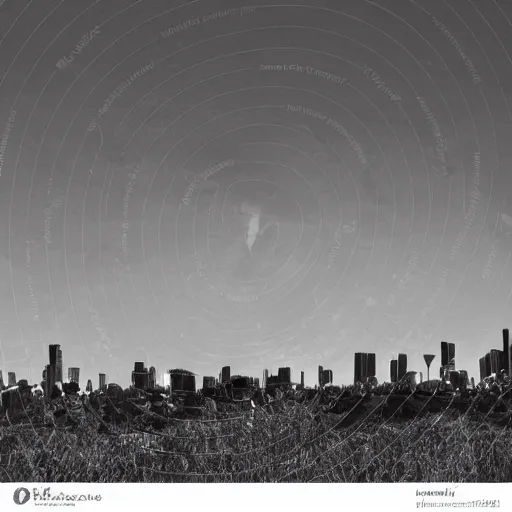 Image similar to a perfect circle, the outer edge of the circle is the silhouette of a city skyline, black and white, minimalist, in the style of a line drawing