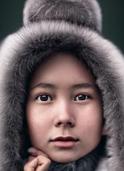 Image similar to closeup portrait of an eskimo girl, depth of field, zeiss lens, detailed, symmetrical, centered, fashion photoshoot, by Annie Leibovitz and Steve McCurry, David Lazar, Jimmy Nelsson, Breathtaking, 8k resolution, extremely detailed, beautiful, establishing shot, artistic, hyperrealistic, beautiful face, octane render