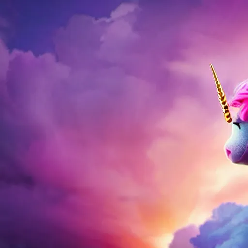 Image similar to very cute and tiny unicorn cat on Dahlia flower flying atop pink clouds, sky background, pixar style, cinematic lightning, award winning creature photography