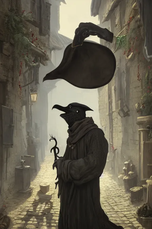 Prompt: A fancy portrait of a Plague Doctor with a beak like mask on in a medieval village by Greg Rutkowski, Sung Choi, Mitchell Mohrhauser, Maciej Kuciara, Johnson Ting, Maxim Verehin, Bloodborne, 8k photorealistic, volumetric lighting, HD, high details, dramatic, dark atmosphere, trending on artstation