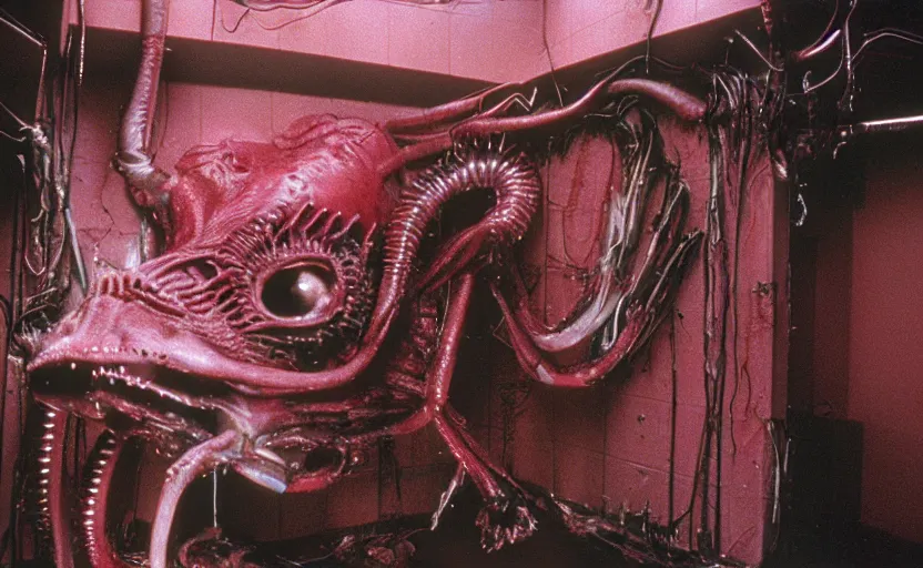 Image similar to peppa the pig infected by xenomorph from movie alien 1 9 7 9, staying at nostromo spaceship. extreme long shot, cinestill, giger, hermann nitsch, dark colors