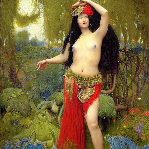 Image similar to epic masterpiece full body portrait a beautiful woman belly dancer, standing next to baby stegosaurus in a garden, by Edgar Maxence and Ross Tran and Michael Whelan