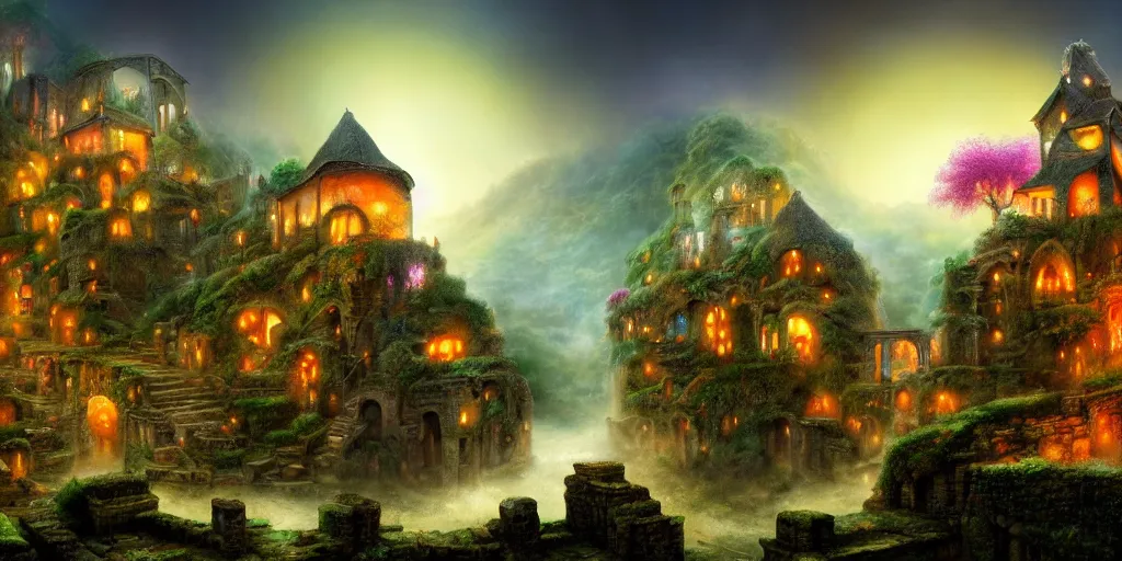 Prompt: misty village in a clockwork eastern waterfall valley, barely lit at night time with great birds and flowerbeds, ancient ruins, fantasy, precise and incredibly highly detailed intricate 8 k wallpaper, lisa frank, dali, hr giger, krenz cushart, long shot, crisp vibrant colorful and intricate stunning award winning masterpiece trending on artstation beautiful