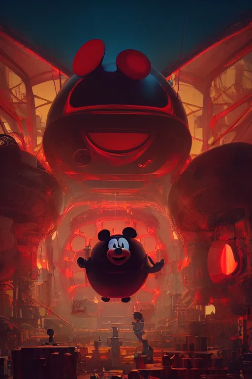 Image similar to bunch of mechanics working on big mickey mouse head, red glowing netflix logo behind, made by beeple, cgsociety, unreal engine, octane render, greg rutkowski, alphonse mucha, cinematic lighting, dark room, low light, sharp focus, 4 k highly detailed art