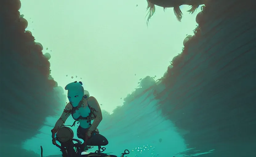 Image similar to celtic naturepunk underwater by atey ghailan, by greg rutkowski, by simon stalenhag, by greg tocchini, by james gilleard, by joe fenton, by kaethe butcher dynamic lighting, gradient light blue, brown, blonde cream and white color scheme, grunge aesthetic