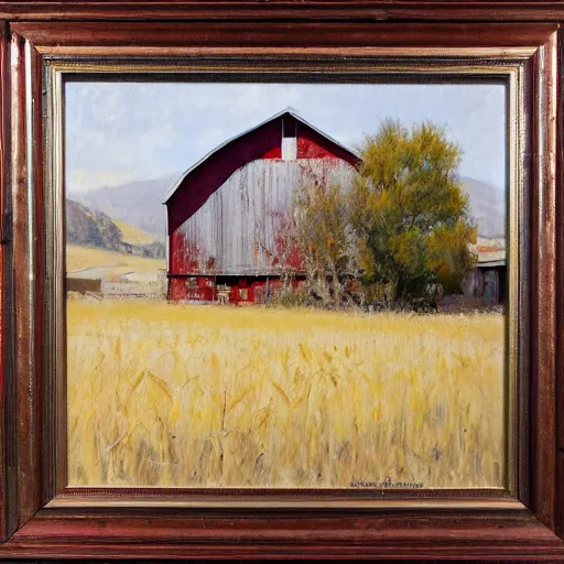 Image similar to Richard Schmid and Jeremy Lipking full length portrait painting of an old and worn red barn